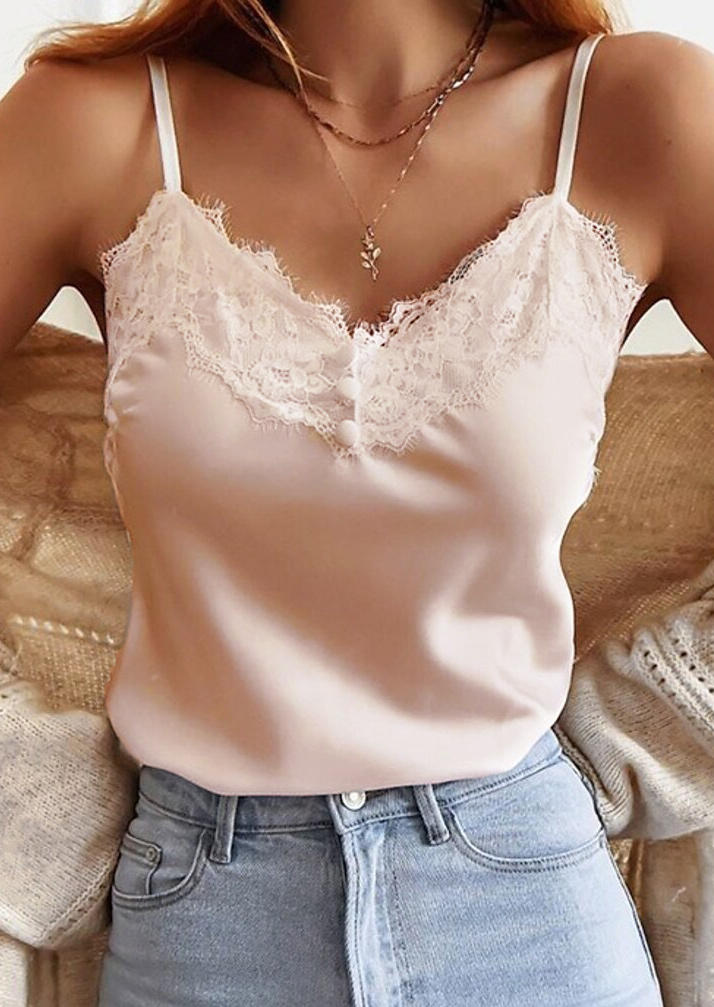 Tank Tops Lace Splicing Button Casual Camisole in Light Pink. Size: S,M,L,XL