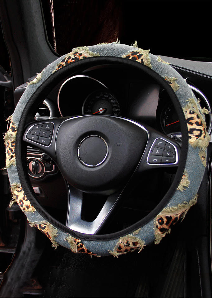 

Leopard Elastic Car Steering Wheel Cover in Light Blue. Size