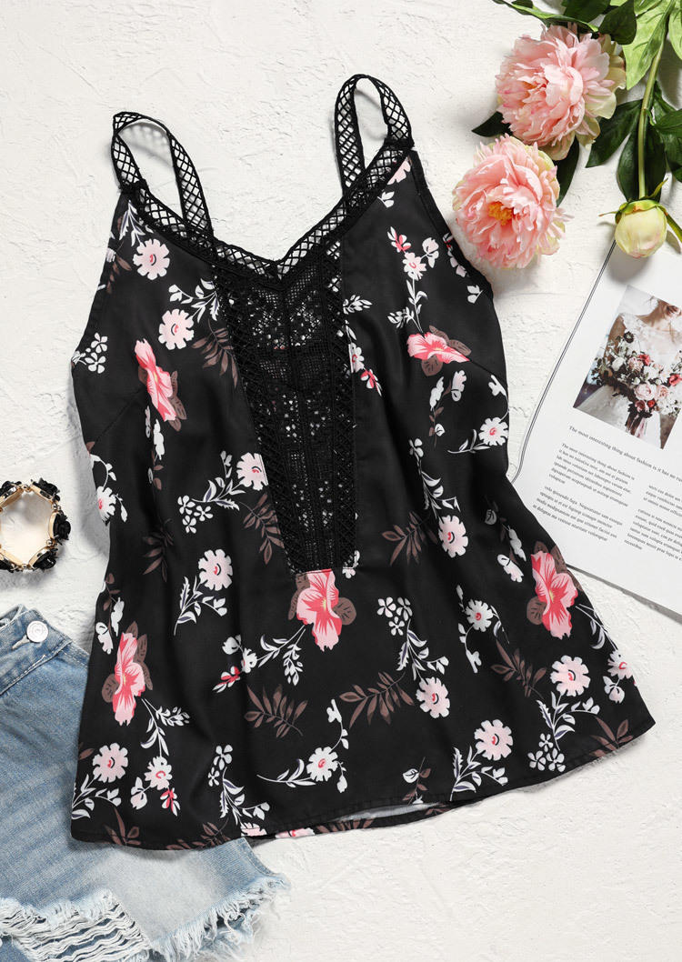 

Tank Tops Floral Mesh Splicing Casual Camisole in Black. Size