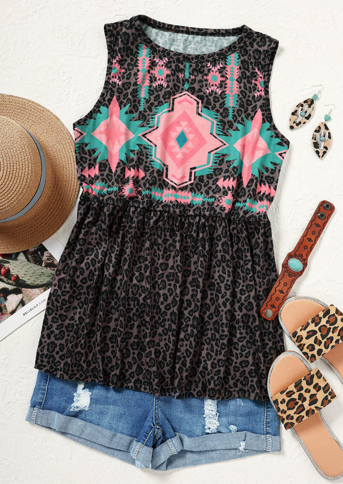 

Tank Tops Aztec Geometric Leopard Ruffled Tank Top in Multicolor. Size: L