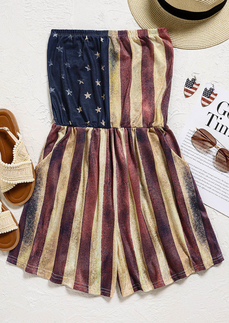 

Jumpsuits & Rompers American Flag Pocket Strapless Bandeau Romper in Multicolor. Size