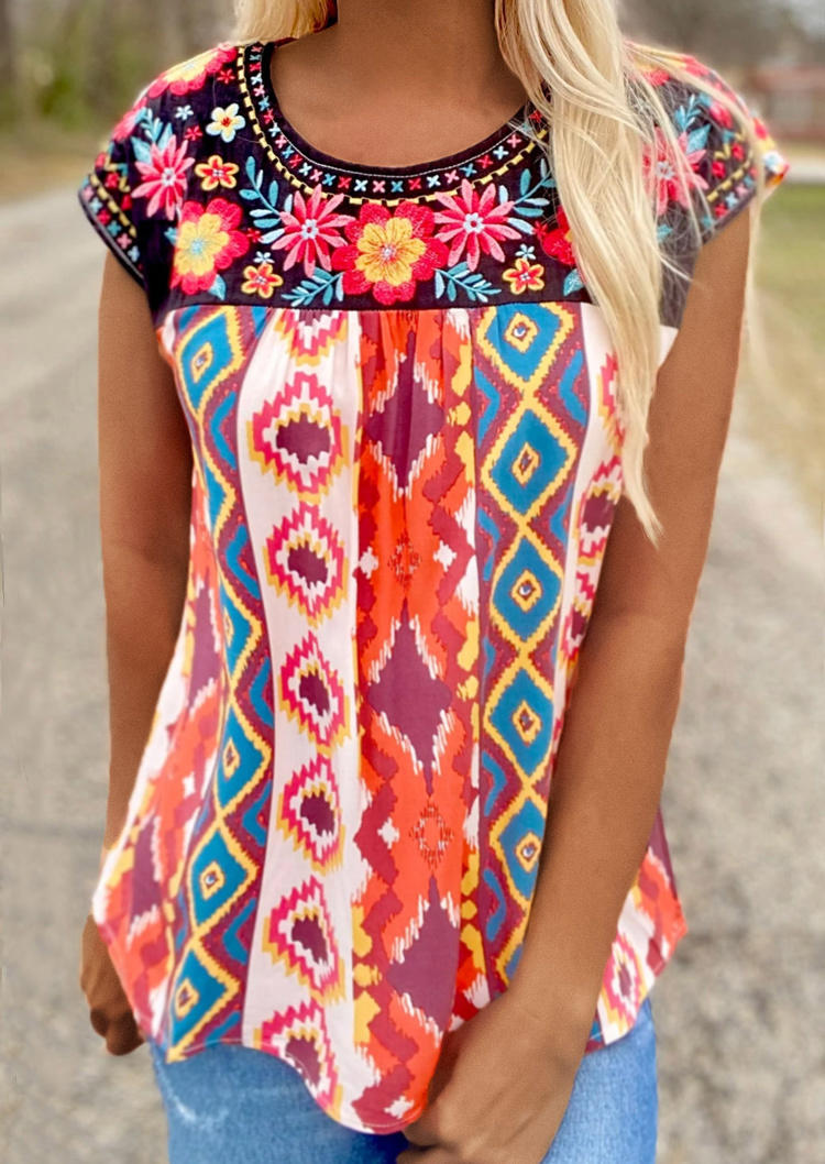 

Blouses Floral Aztec Geometric Cap Sleeve Blouse in Multicolor. Size