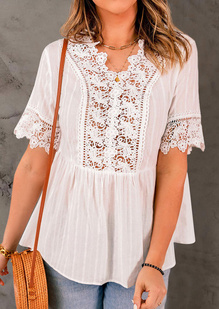 

Blouses Lace Splicing Hollow Out Blouse in White. Size: L,M