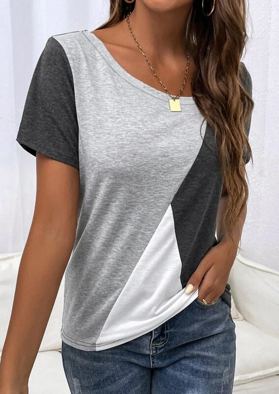 

Blouses Color Block O-Neck Short Sleeve Blouse in Multicolor. Size