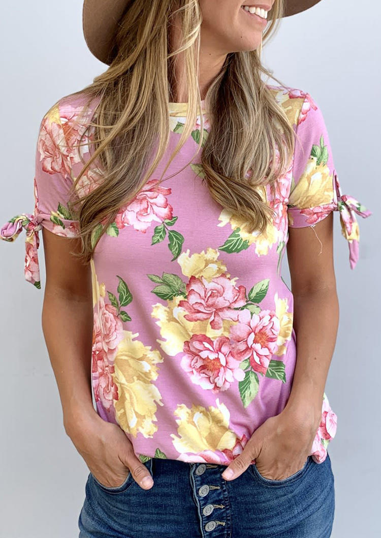 Floral Tie O-Neck Short Sleeve Blouse