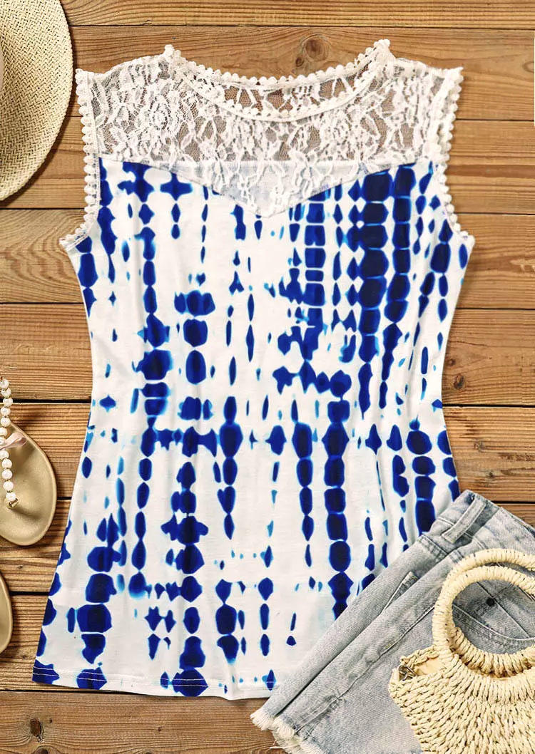 

Tank Tops Tie Dye Lace O-Neck Tank Top in Blue. Size: ,XL
