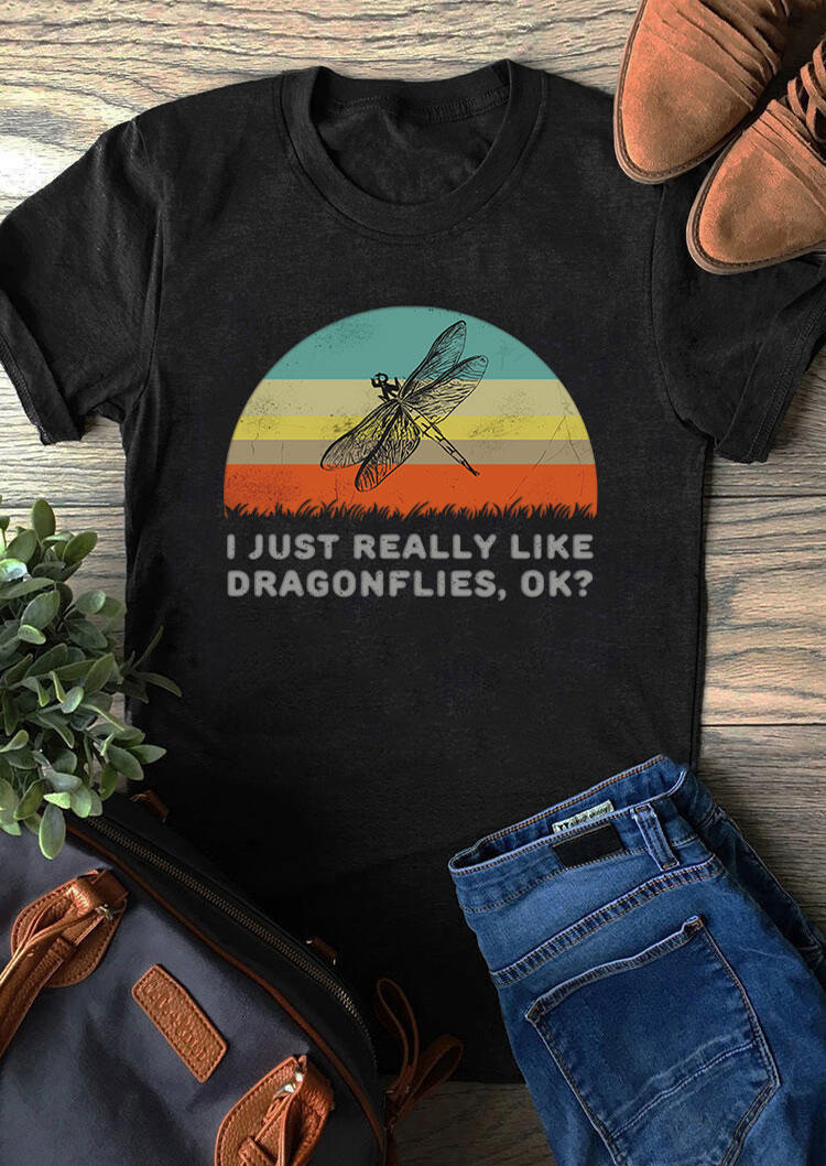 T-shirts Tees I Just Really Like Dragonflies Ok T-Shirt Tee in Black. Size: M