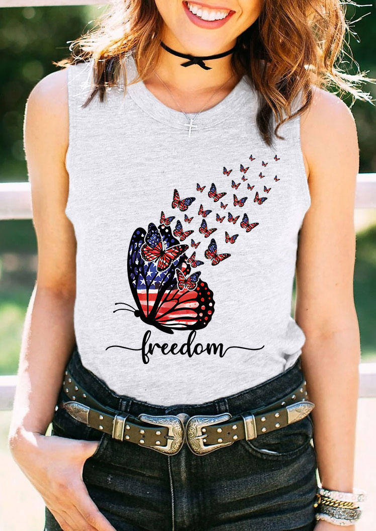 American Flag Butterfly Freedom Tank - Light Grey