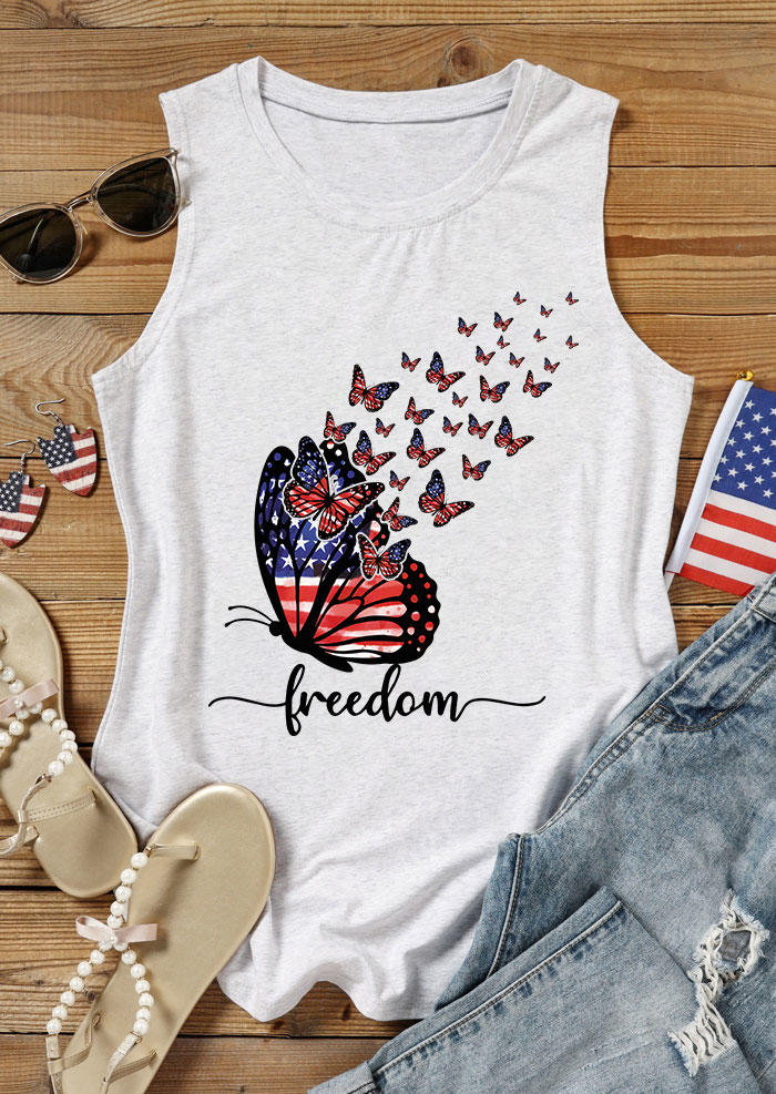 Tank Tops American Flag Butterfly Freedom Tank Top - Light Grey in Gray. Size: M