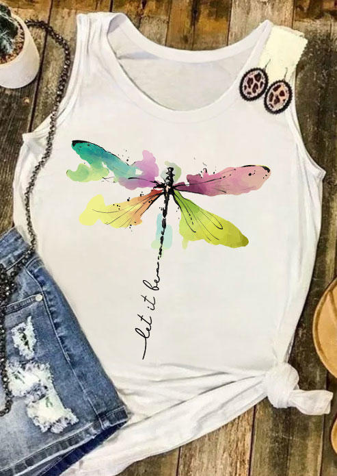 Tank Tops Let It Be Abstract Dragonfly O-Neck Tank Top in White. Size: 2XL,3XL,L,M,S,XL