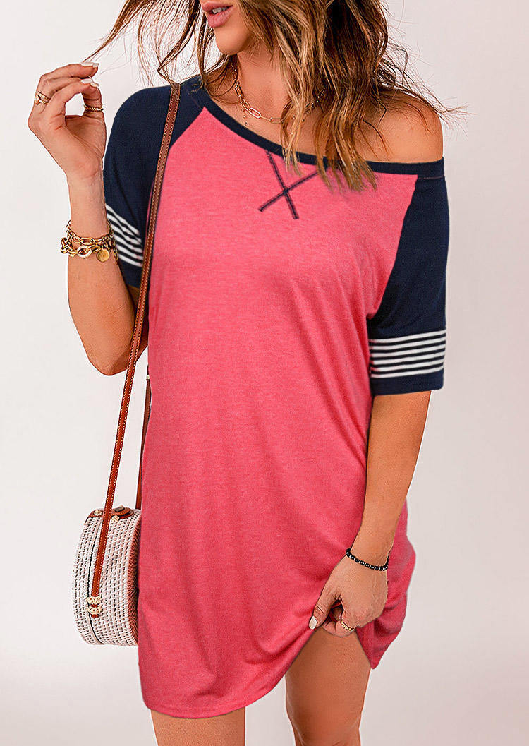 

Mini Dresses Striped Pocket Raglan Sleeve Mini Dress in Watermelon Red. Size