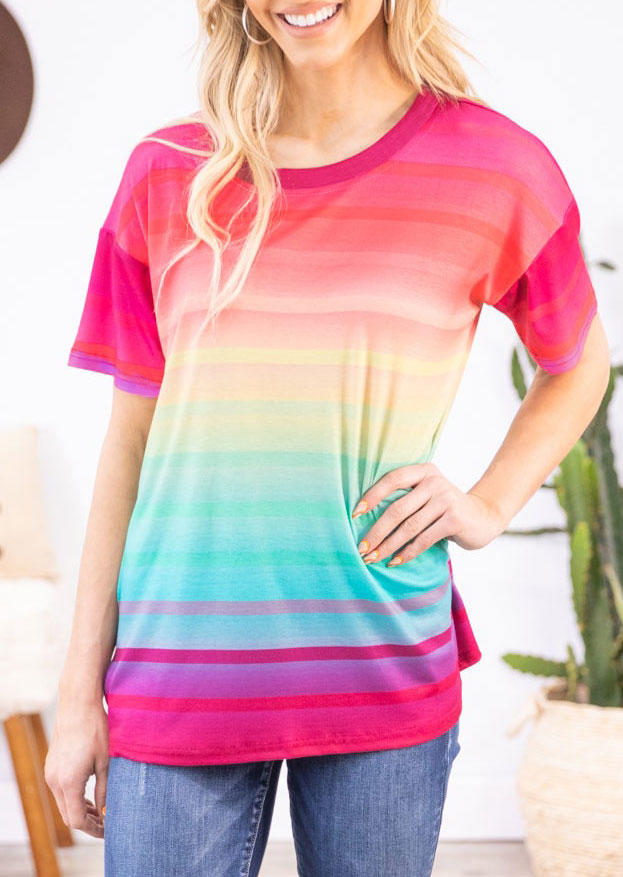 

Blouses Colorful Gradient Striped O-Neck Blouse in Multicolor. Size
