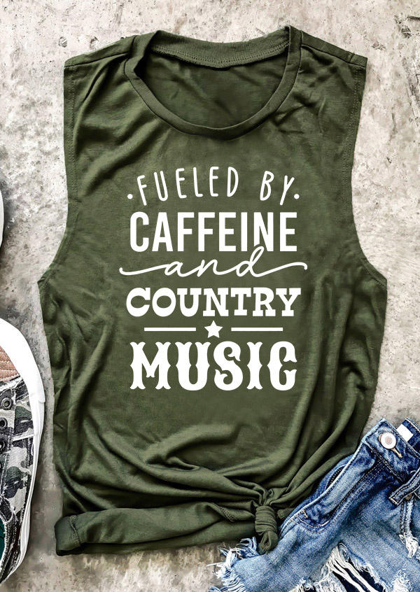 Tank Tops Fueled By Caffeine And Country Music Tank Top - Army Green in Green. Size: L