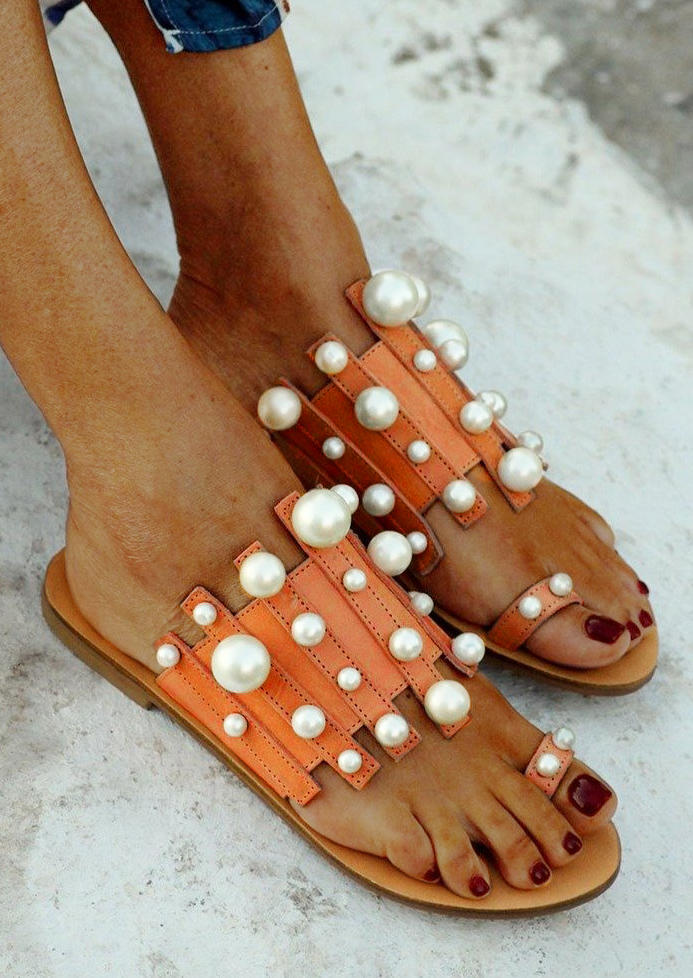 Slippers Faux Pearls Toe Ring Casual Flat Slippers in Orange. Size: 39