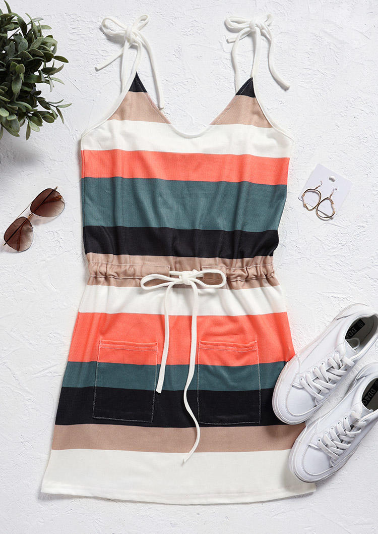 Mini Dresses Striped Pocket Drawstring Tie Mini Dress in Multicolor. Size: L,M,S,XL