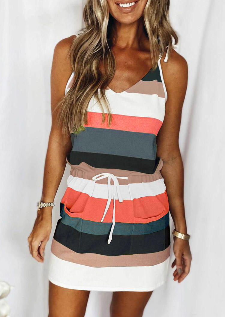 Striped Pocket Drawstring Tie Mini Dress