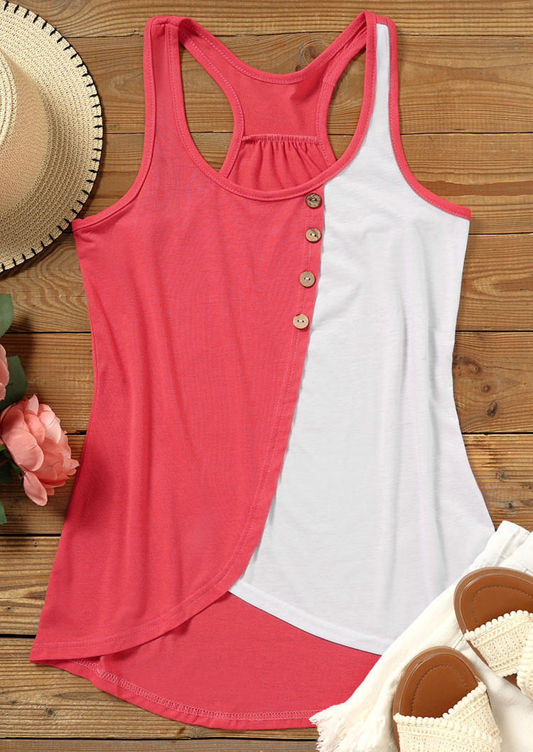 Tank Tops Color Block Side Button Racerback Tank Top - Watermelon Red in Red. Size: M