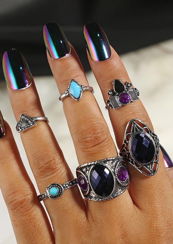 Rings 6Pcs Turquoise Hollow Out Alloy Ring Set in Silver. Size: One Size