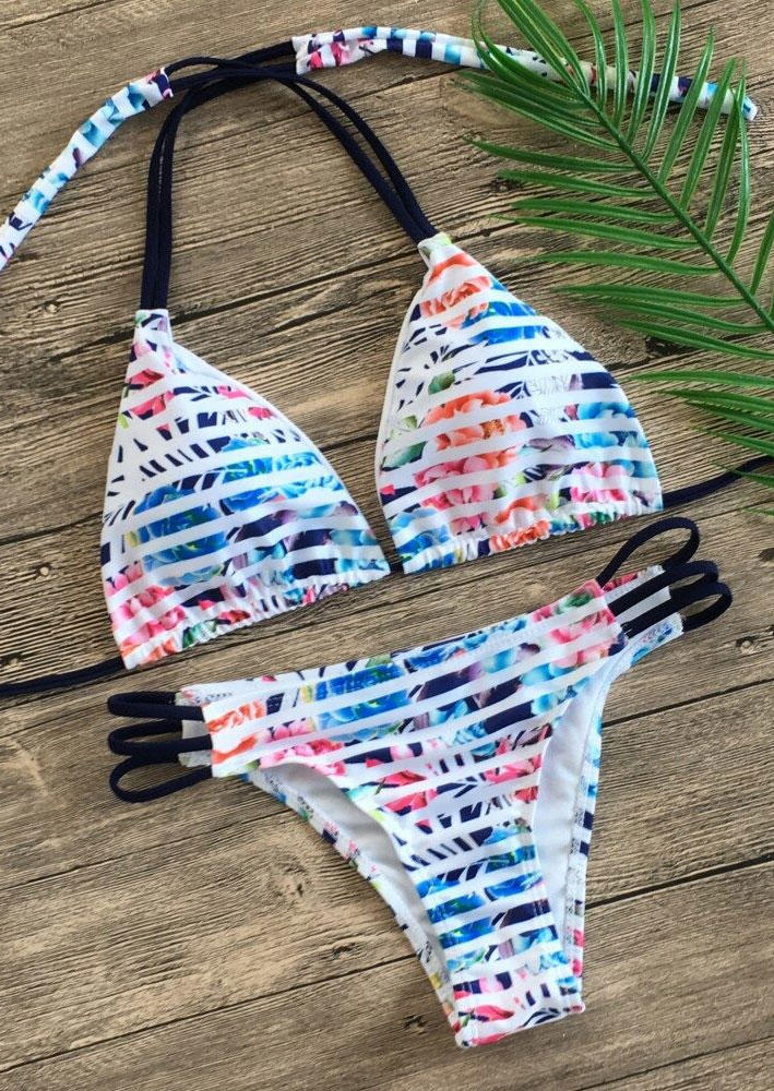 Bikini Sets Striped Floral Cut Out Halter Bikini Set in Multicolor. Size: S,M,L,XL