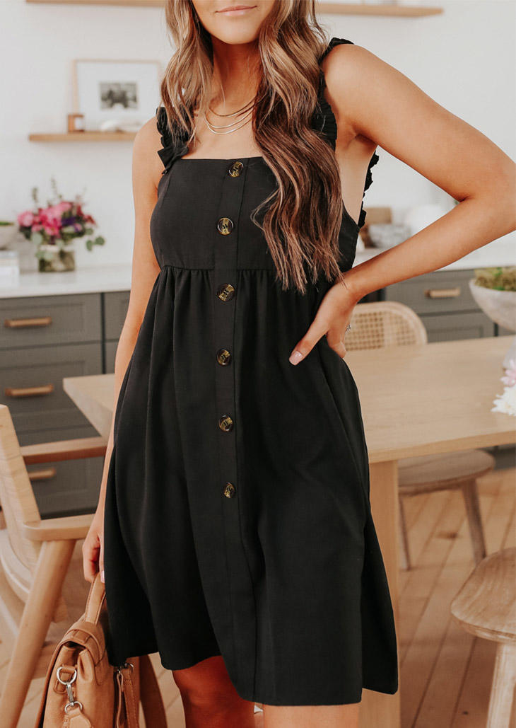 Mini Dresses Ruffled Button Spaghetti Strap Mini Dress in Black. Size: L,XL