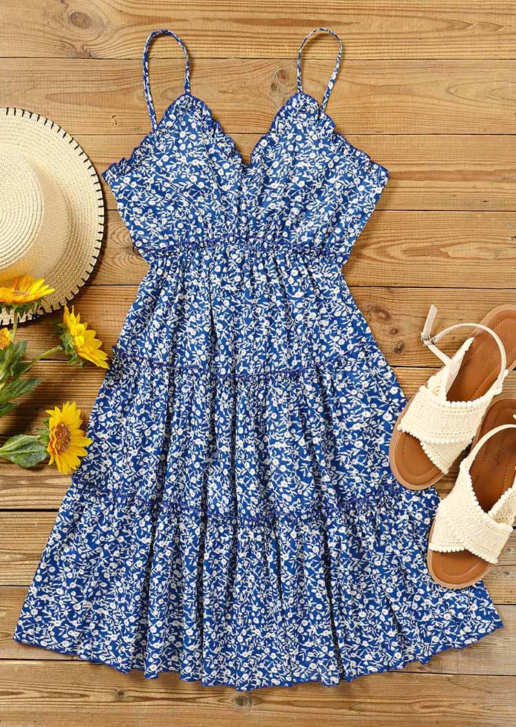 Mini Dresses Floral Ruffled Spaghetti Strap Mini Dress in Blue. Size: XL