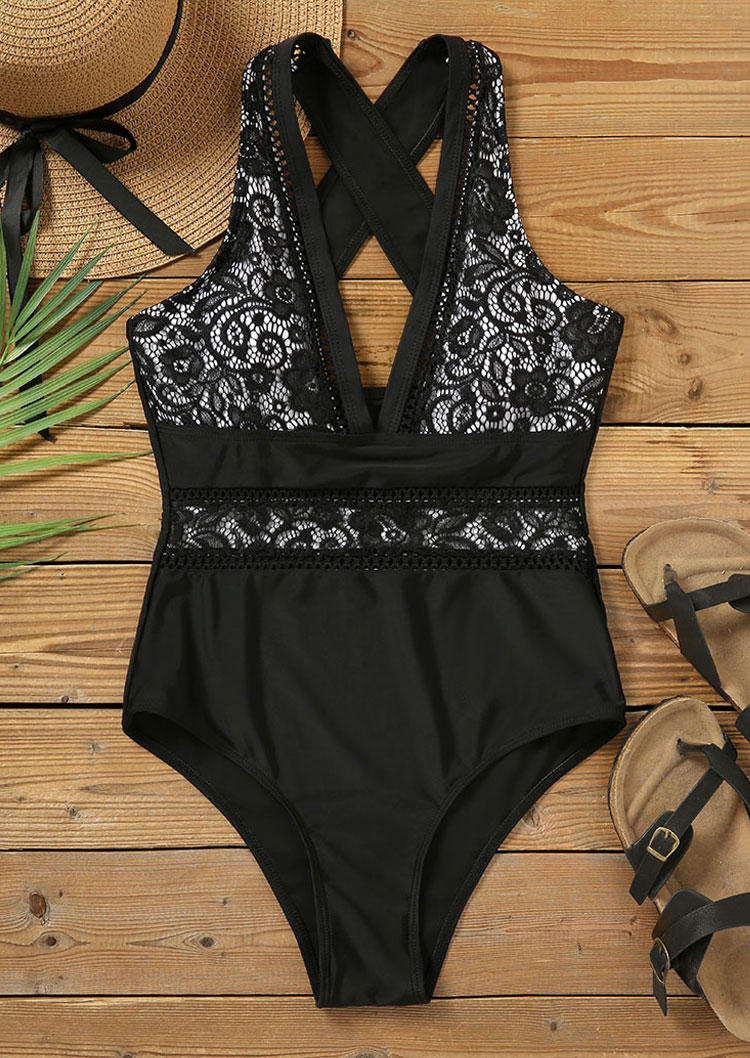 

One-Pieces Swimsuit Lace Mesh Criss-Cross One-Piece Bathing Suit Swimwear in Black. Size: ,M,XL