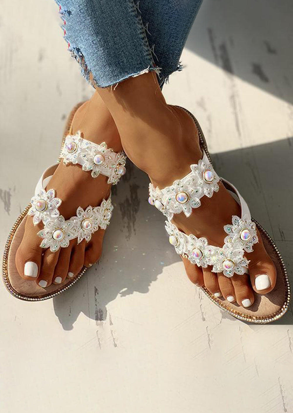

Slippers Lace Pearls Flat Flip Flops Slippers in White. Size