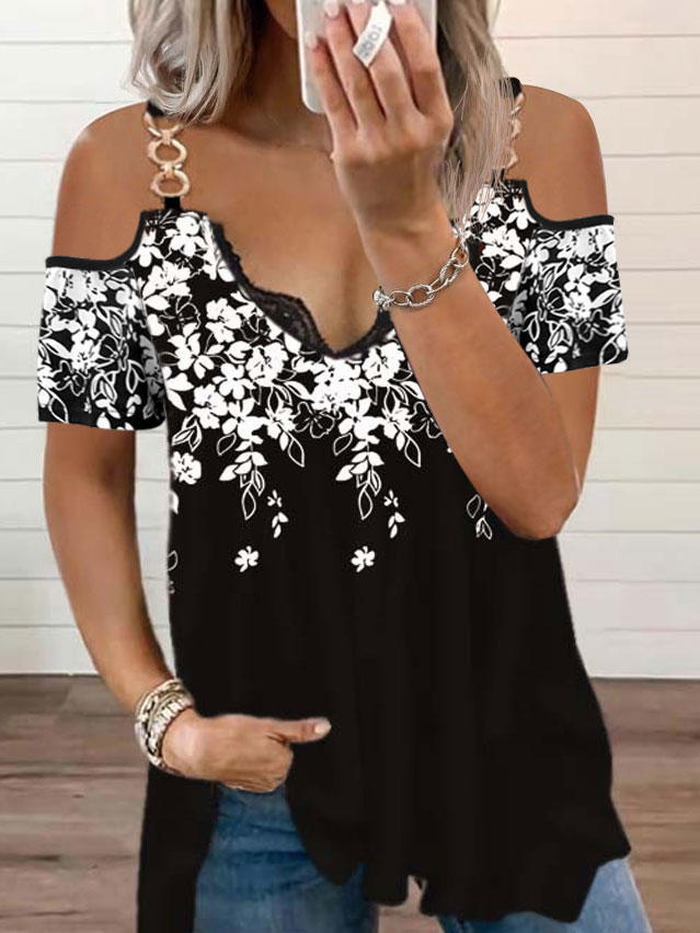 Floral Lace Cold Shoulder Blouse - Black