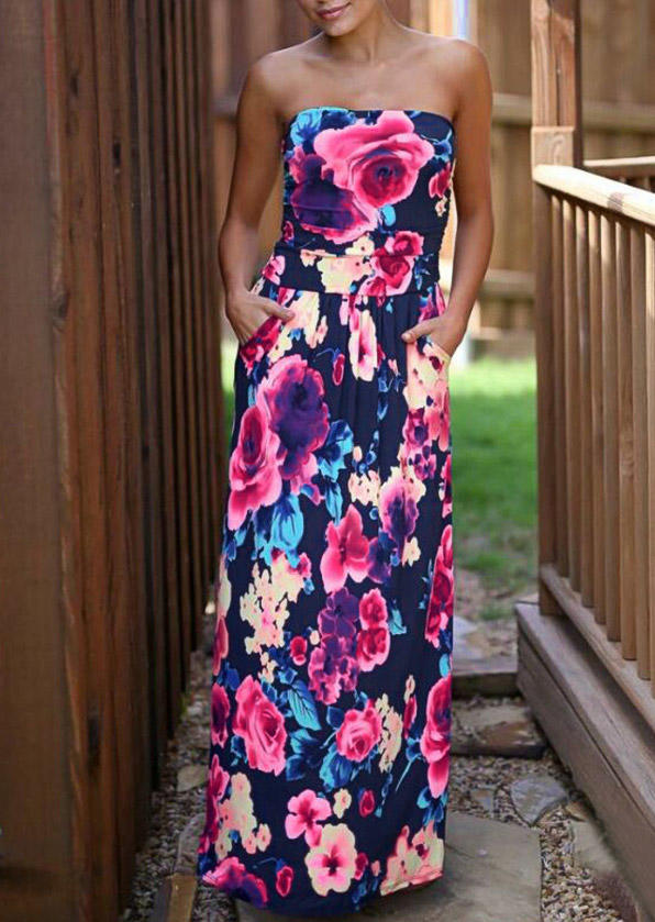 Maxi Dresses Floral Strapless Bandeau Ruched Maxi Dress in Multicolor. Size: XL