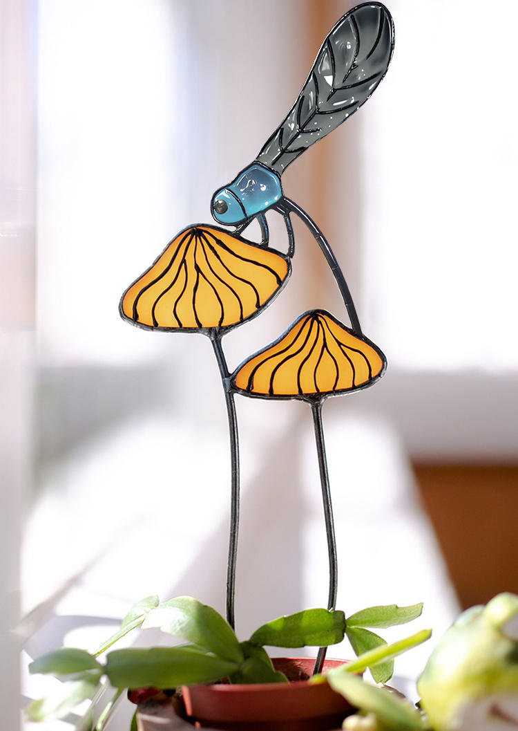 

Outdoor Dragonfly Mushroom Garden Ornament in Yellow. Size