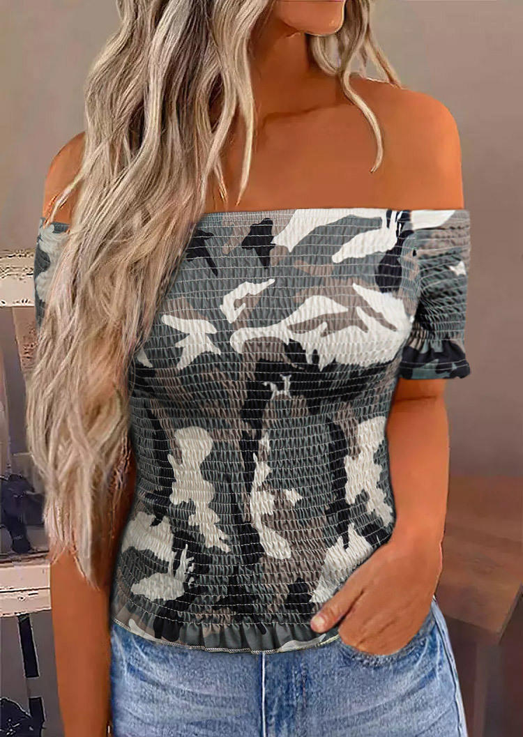 Camouflage Ruffled Smocked Off Shoulder Blouse