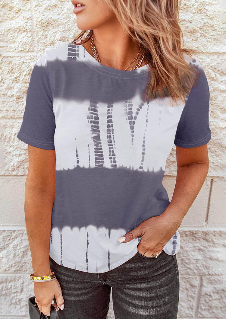 Blouses Tie Dye O-Neck  Short Sleeve Blouse in Gray. Size: L,M,S,XL