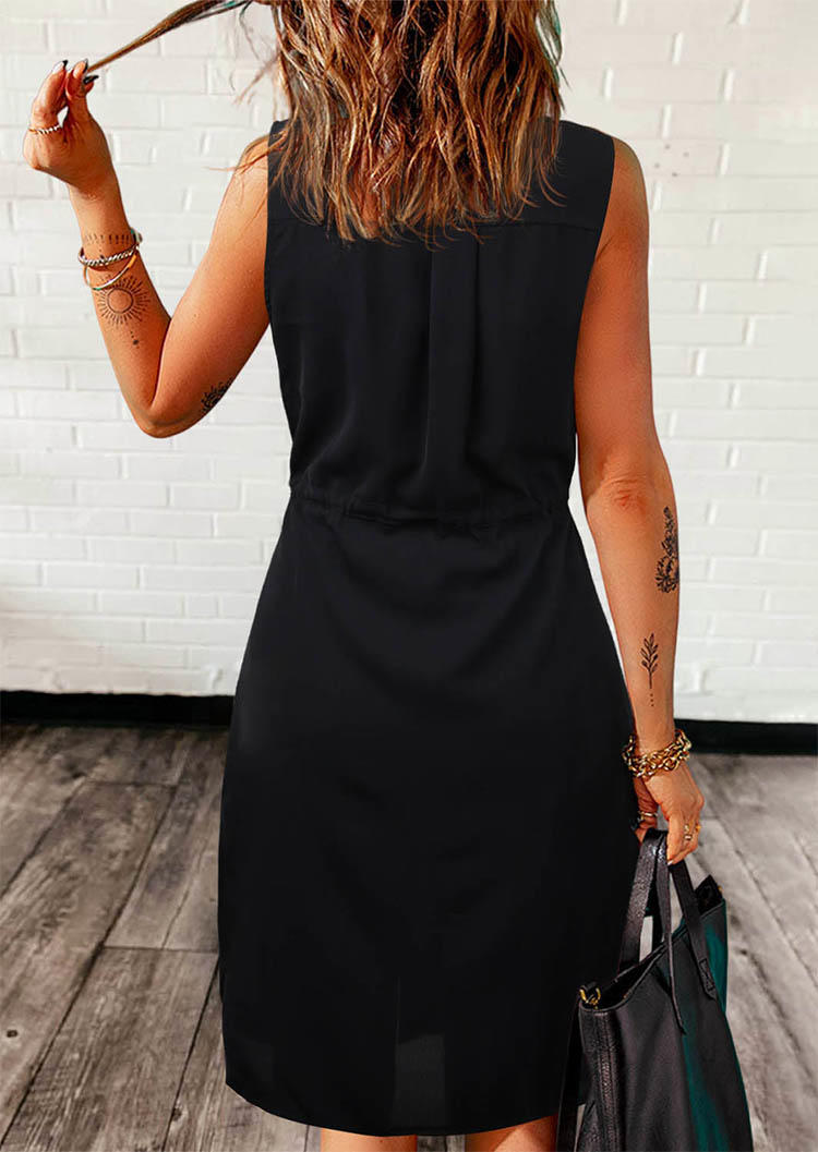 Mini Dresses Button Pocket Drawstring Sleeveless Mini Dress in Black. Size: M,L