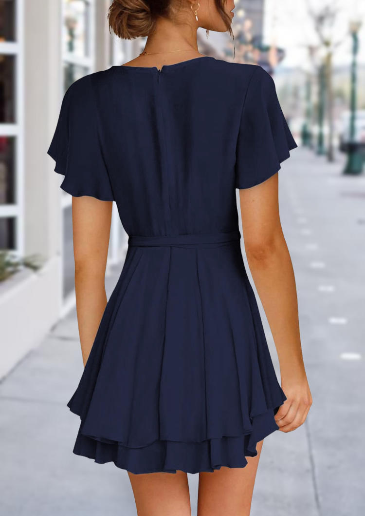 Ruffled V-Neck Layered Mini Dress - Deep Blue