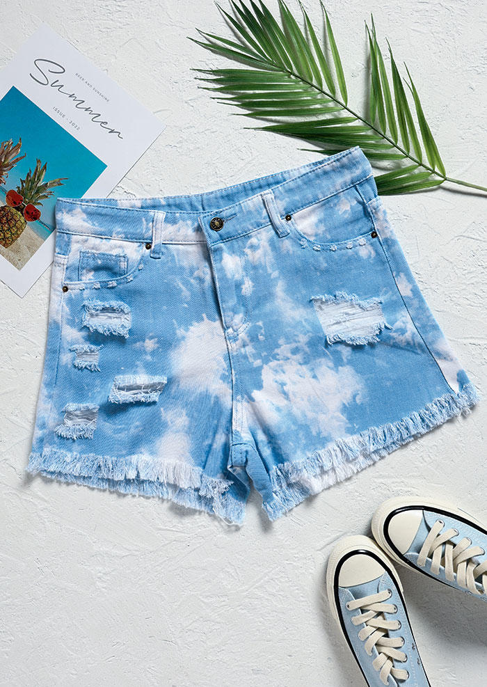 

Shorts Tie Dye Tassel Frayed Hem Denim Shorts in Sky Blue. Size