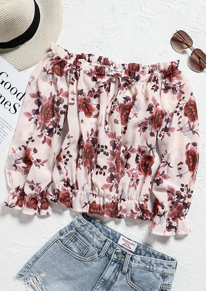 Blouses Floral Ruffled Off Shoulder Blouse in Light Pink. Size: S,M,L,XL