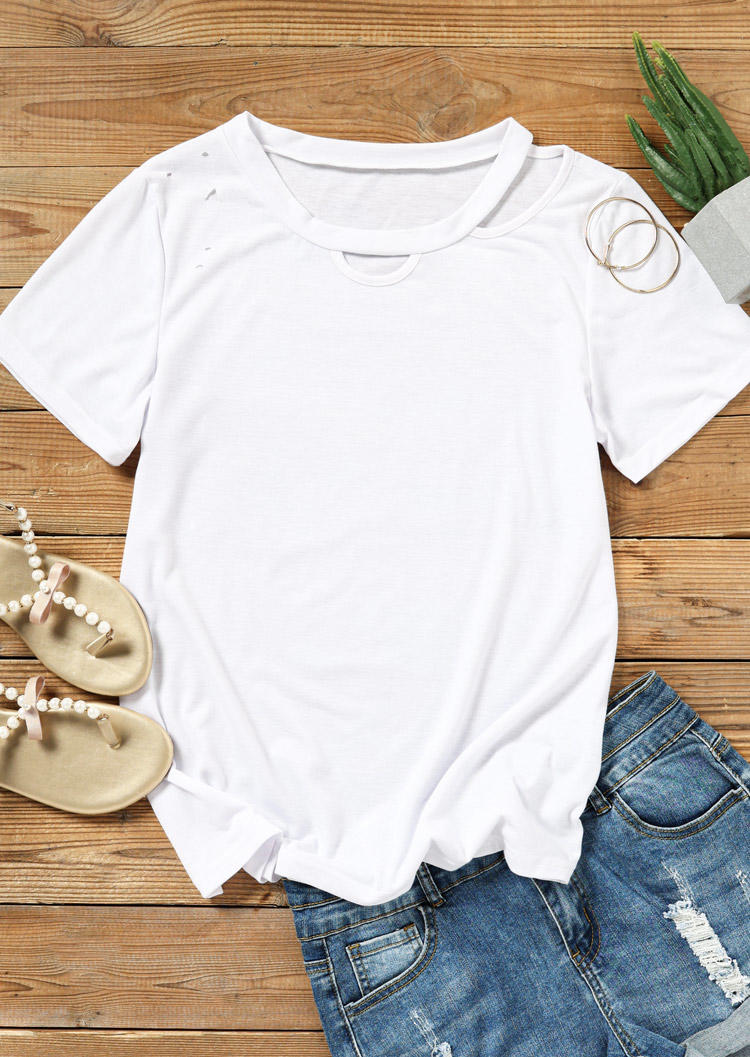 

Blouses Hollow Out Hole One Sided Cold Shoulder Blouse in White. Size