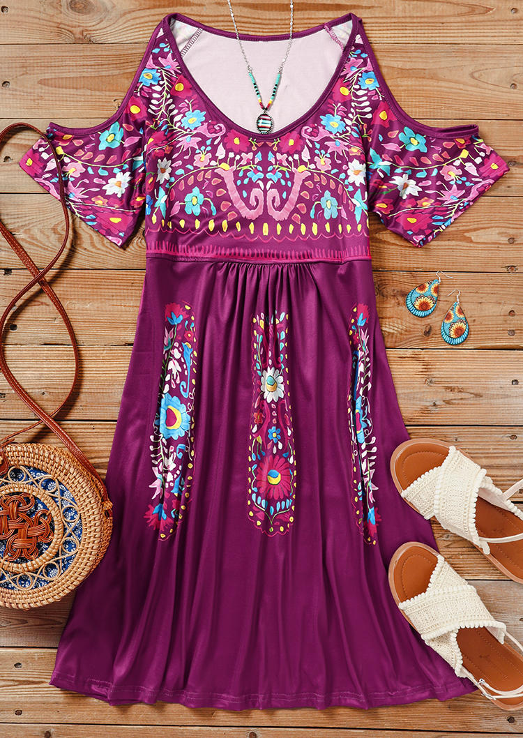 Mini Dresses Floral Ruffled Cold Shoulder Mini Dress in Purple. Size: XL