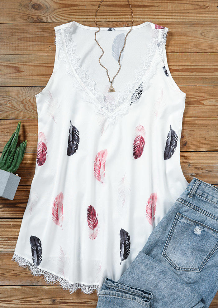 Tank Tops Feather Lace Splicing V-Neck Tank Top in White. Size: L