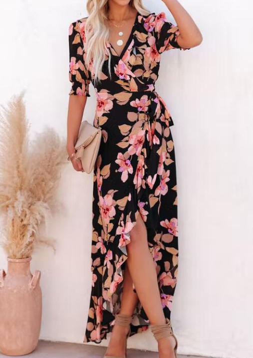 

Maxi Dresses Floral Wrap Slit Smocked Sleeve Maxi Dress in Black. Size