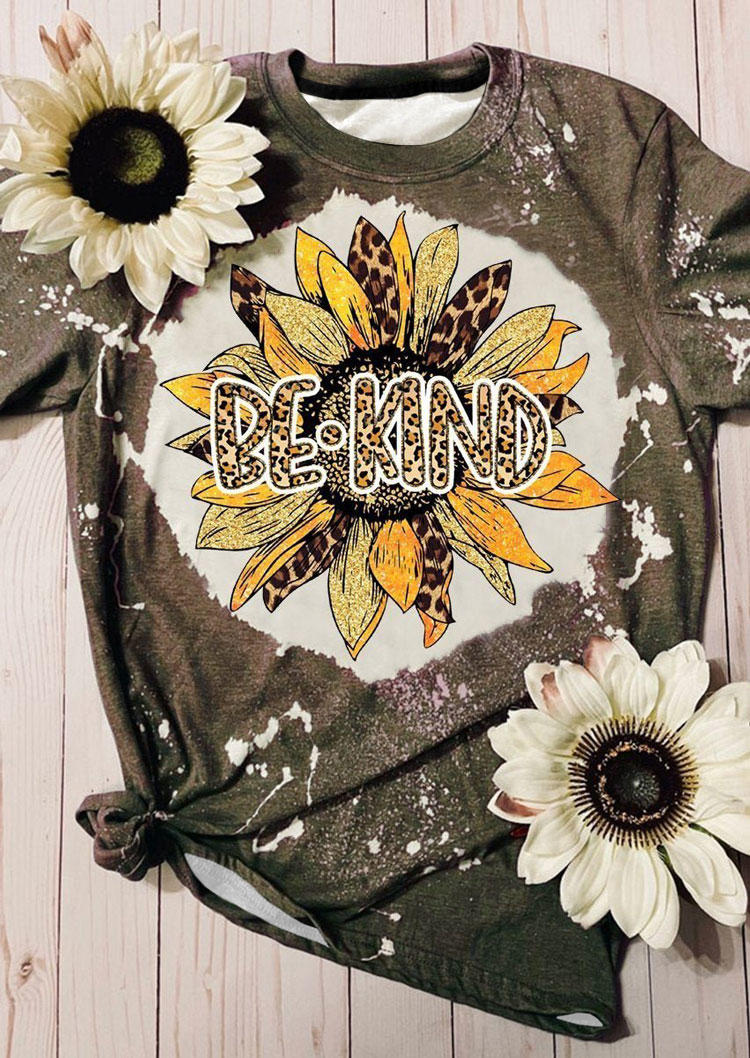 T-shirts Tees Be Kind Sunflower Leopard Bleached T-Shirt Tee - Coffee in Brown. Size: M,S