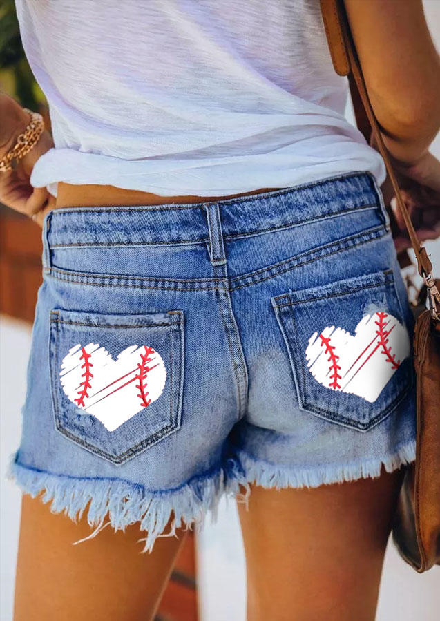 Baseball Ripped Hole Frayed Denim Shorts - Blue
