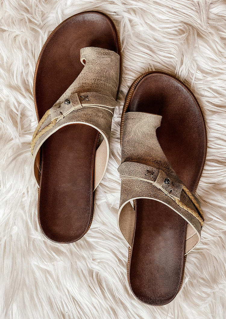 Summer Toe Ring Flat Slippers - Khaki