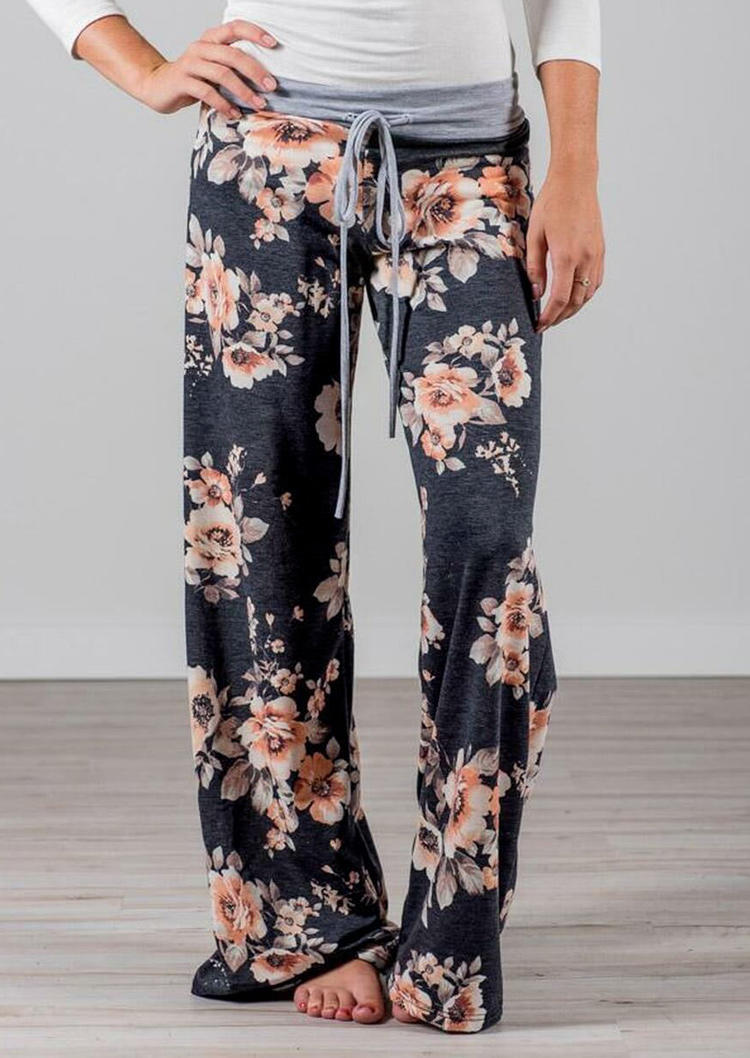 

Pants Floral Drawstring Wide Leg Pants in Black. Size