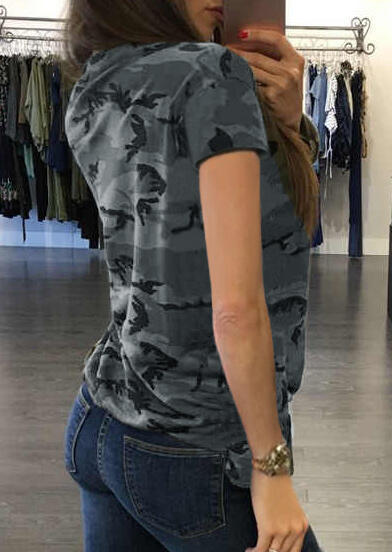 

Blouses Lace Up Hollow Out Camouflage Blouse in Gray. Size