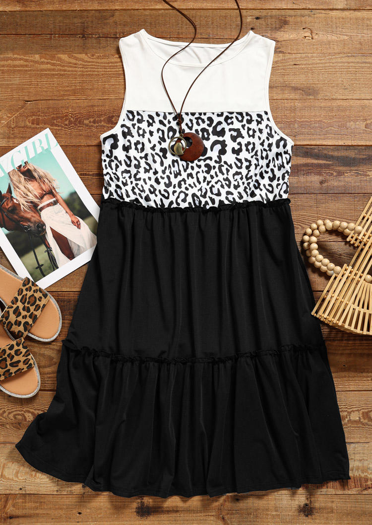 

Mini Dresses Leopard Ruffled Sleeveless Mini Dress in Black. Size: L