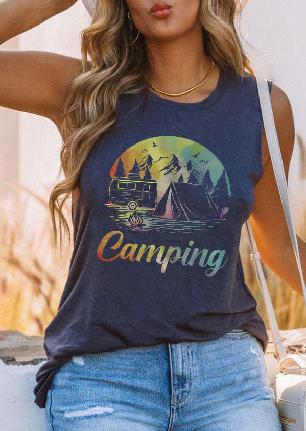 

Tank Tops Camping Mountain O-Neck Tank Top in Navy Blue. Size