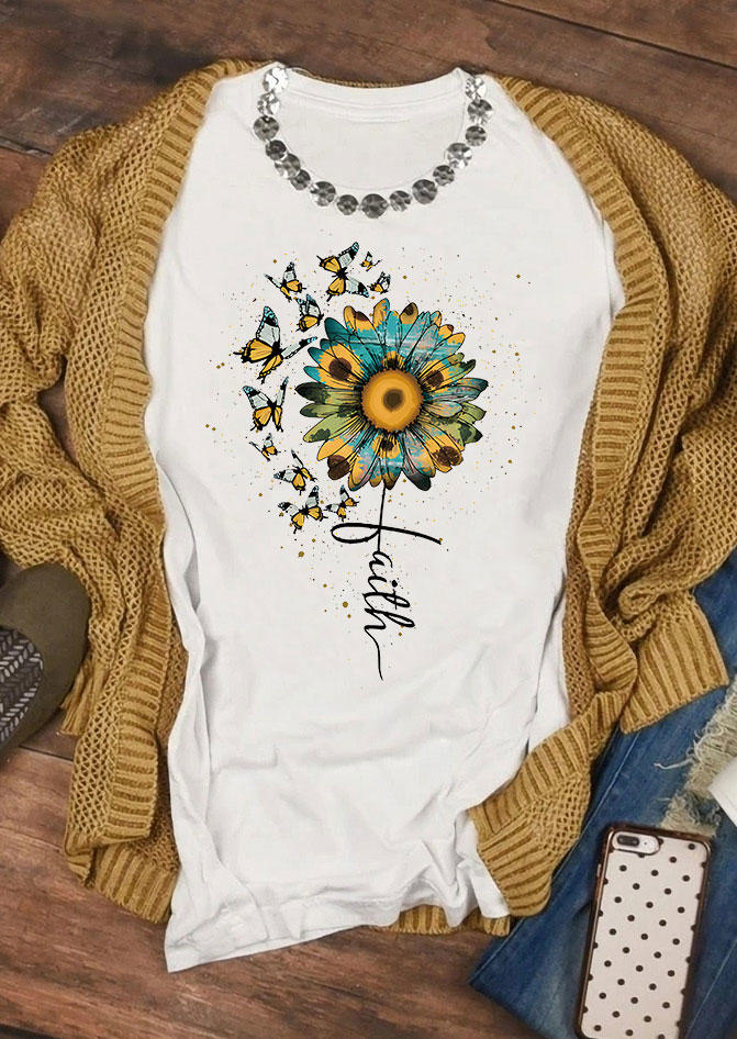 

T-shirts Tees Faith Butterfly Sunflower T-Shirt Tee in White. Size