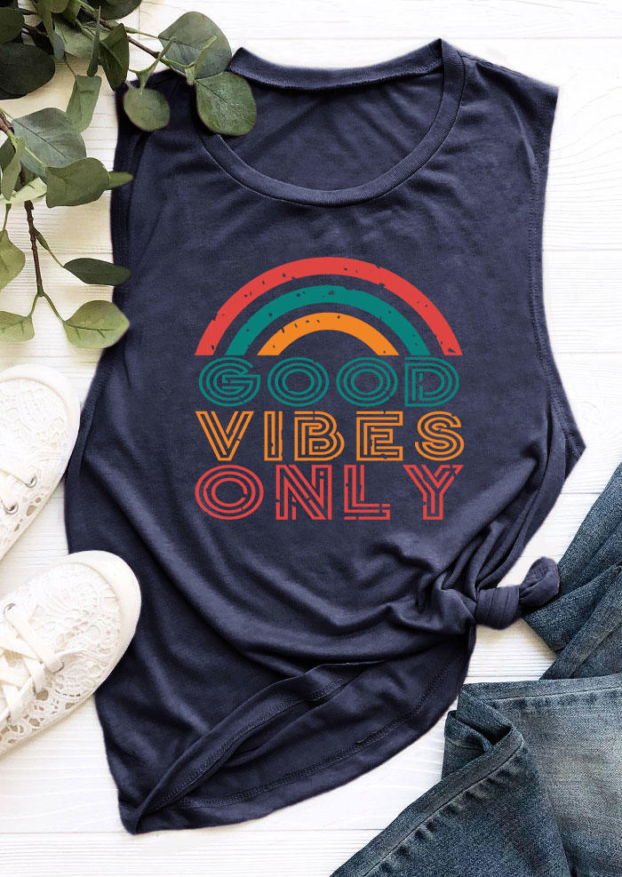 

Tank Tops Rainbow Graphic O-Neck Tank Top in Navy Blue. Size