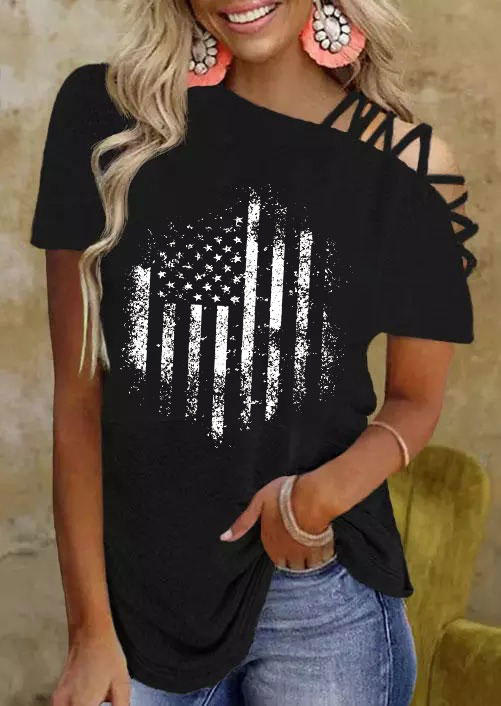 Blouses American Flag Criss-Cross One Sided Cold Shoulder Blouse in Black. Size: S,M,L,XL